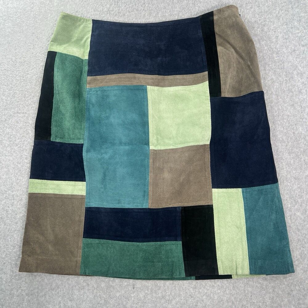 Vtg Boho Patchwork Suede Leather Midi Skirt navy green Womens Sz 6 Y2K